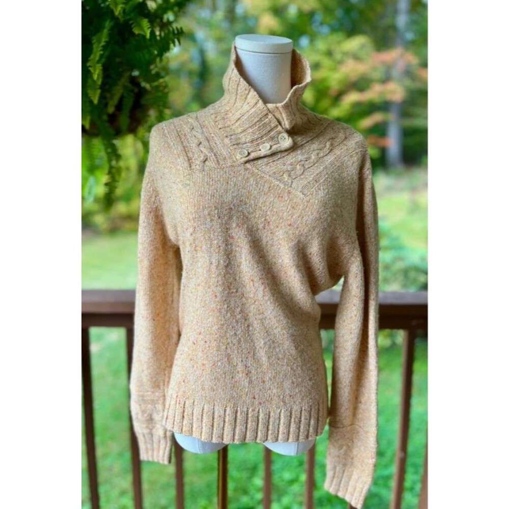 Woolrich Women’s L Flecked Cable Knit Button Funnel Neck Sweater